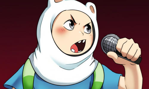 Finn from adventure time in the fusionfall style with a microphone