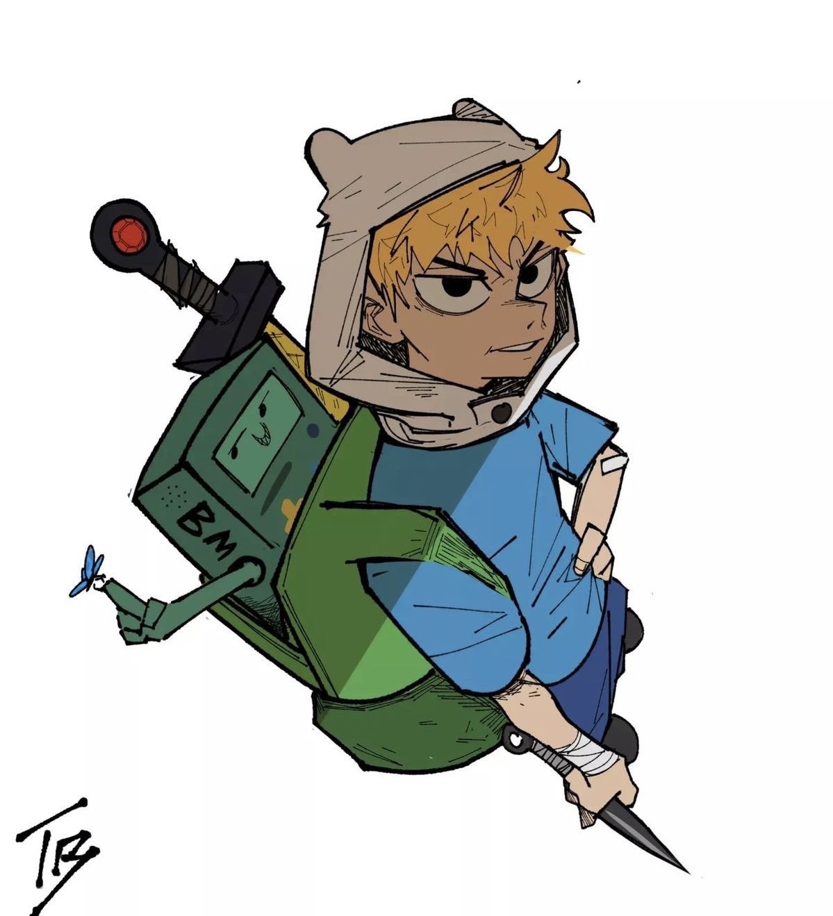 Fusionfall styled finn drawing with BMO in his backpack